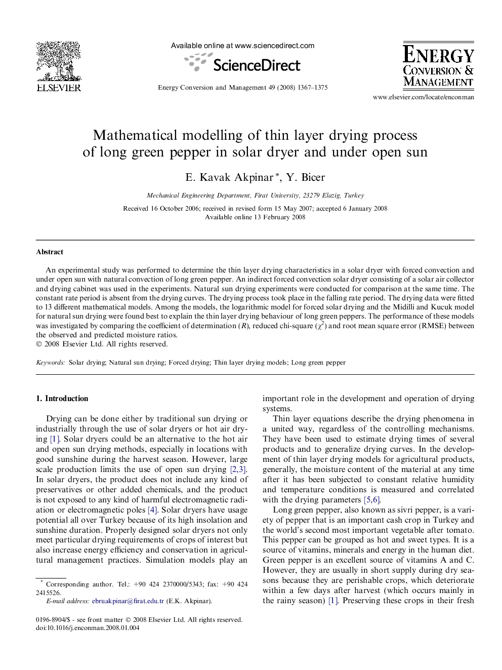 Mathematical modelling of thin layer drying process of long green pepper in solar dryer and under open sun