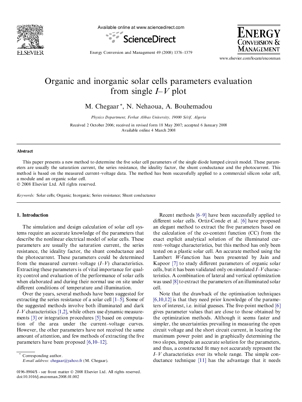 Organic and inorganic solar cells parameters evaluation from single I–V plot