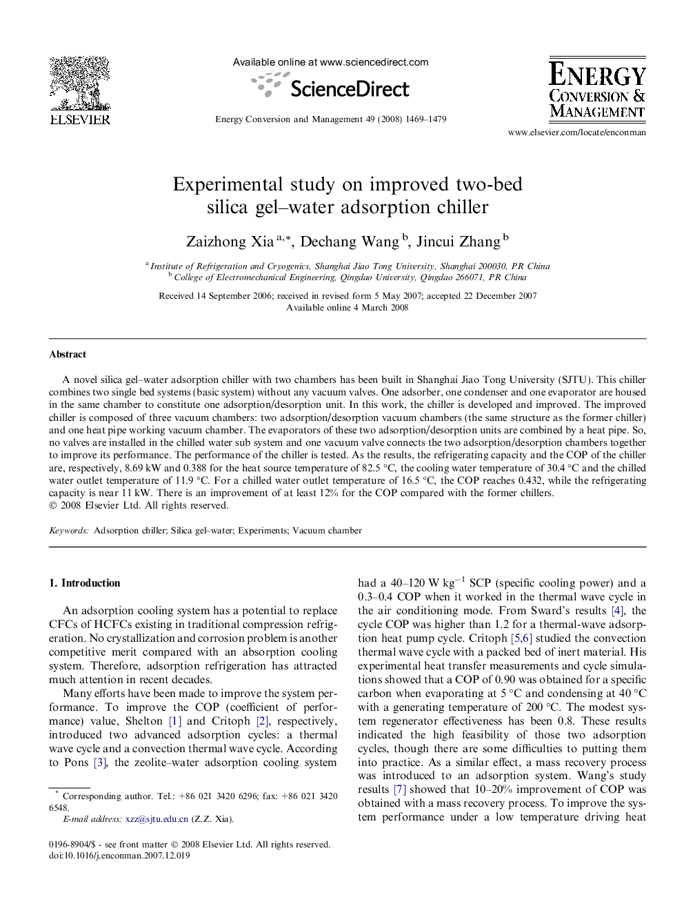 Experimental study on improved two-bed silica gel–water adsorption chiller