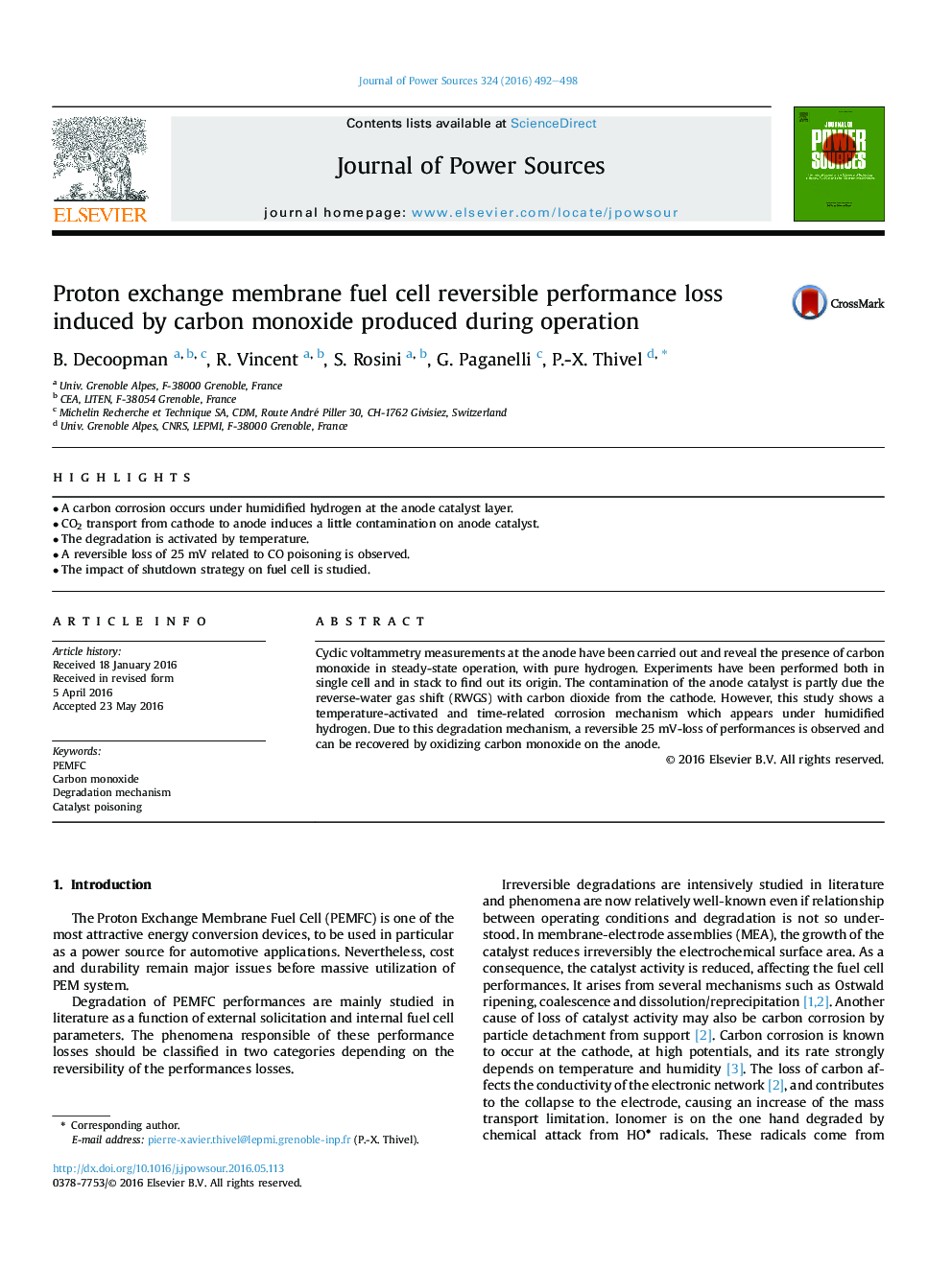 Proton exchange membrane fuel cell reversible performance loss induced by carbon monoxide produced during operation