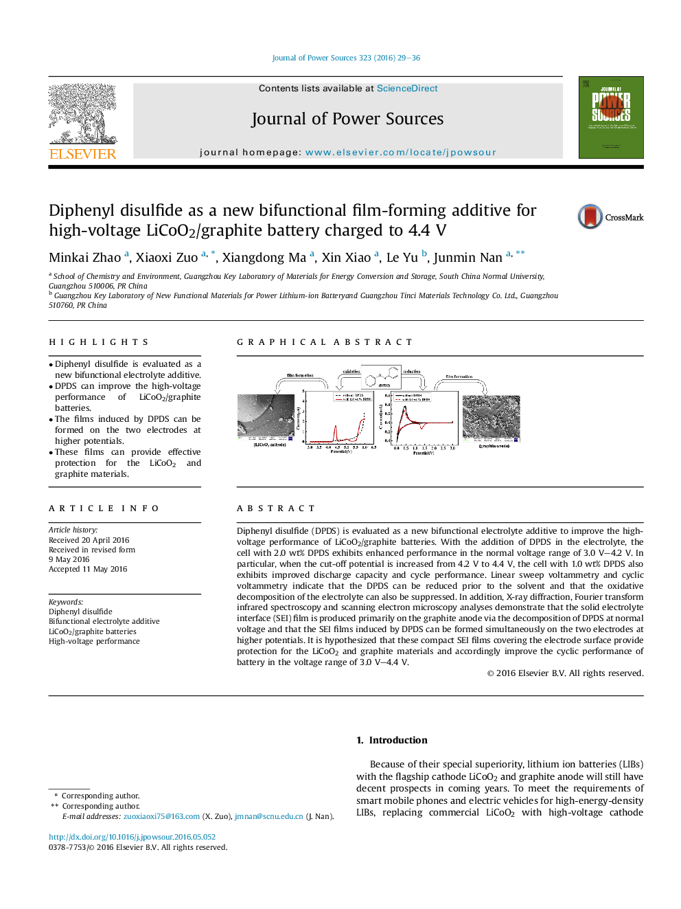 Diphenyl disulfide as a new bifunctional film-forming additive for high-voltage LiCoO2/graphite battery charged to 4.4Â V