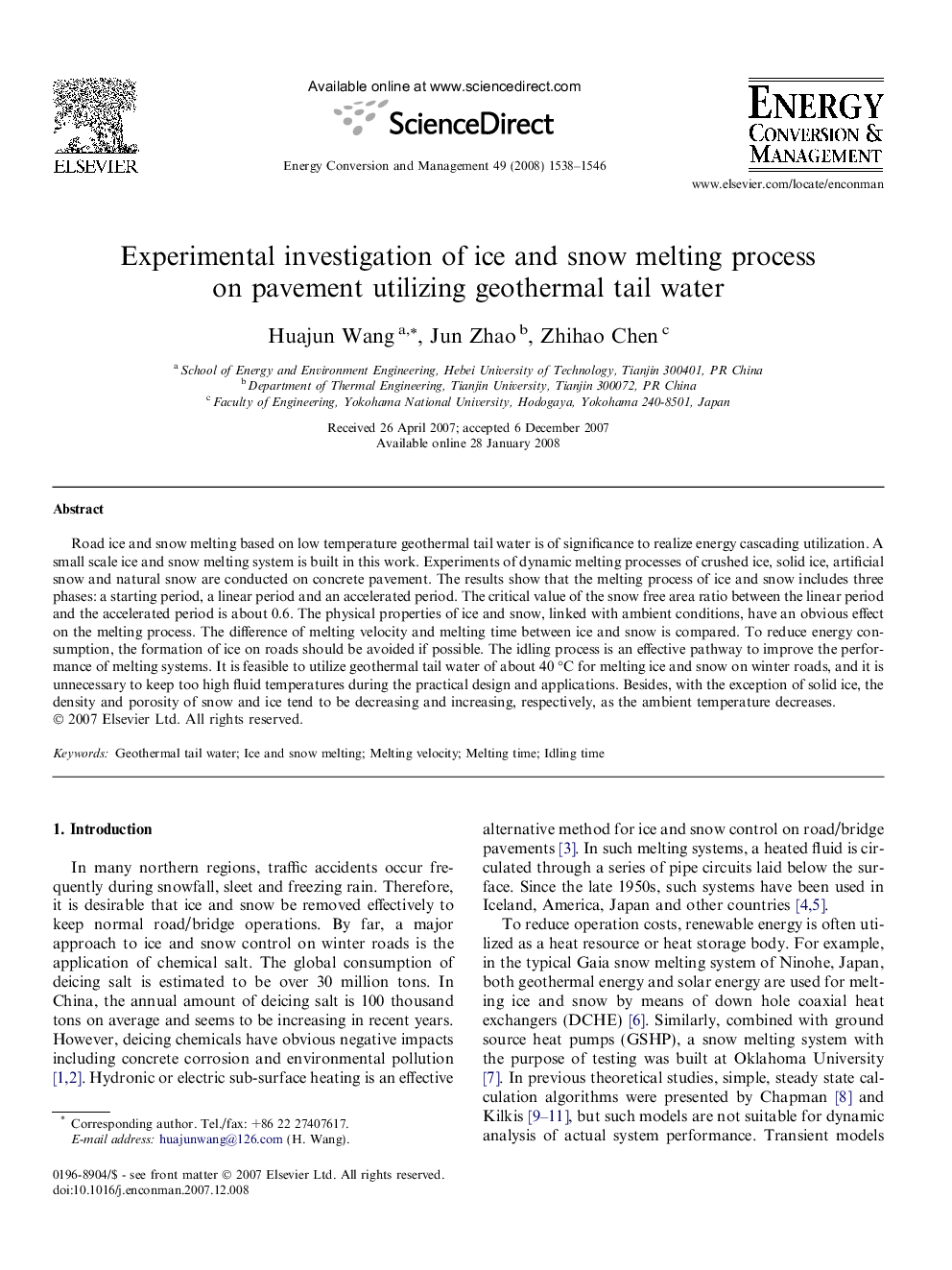 Experimental investigation of ice and snow melting process on pavement utilizing geothermal tail water