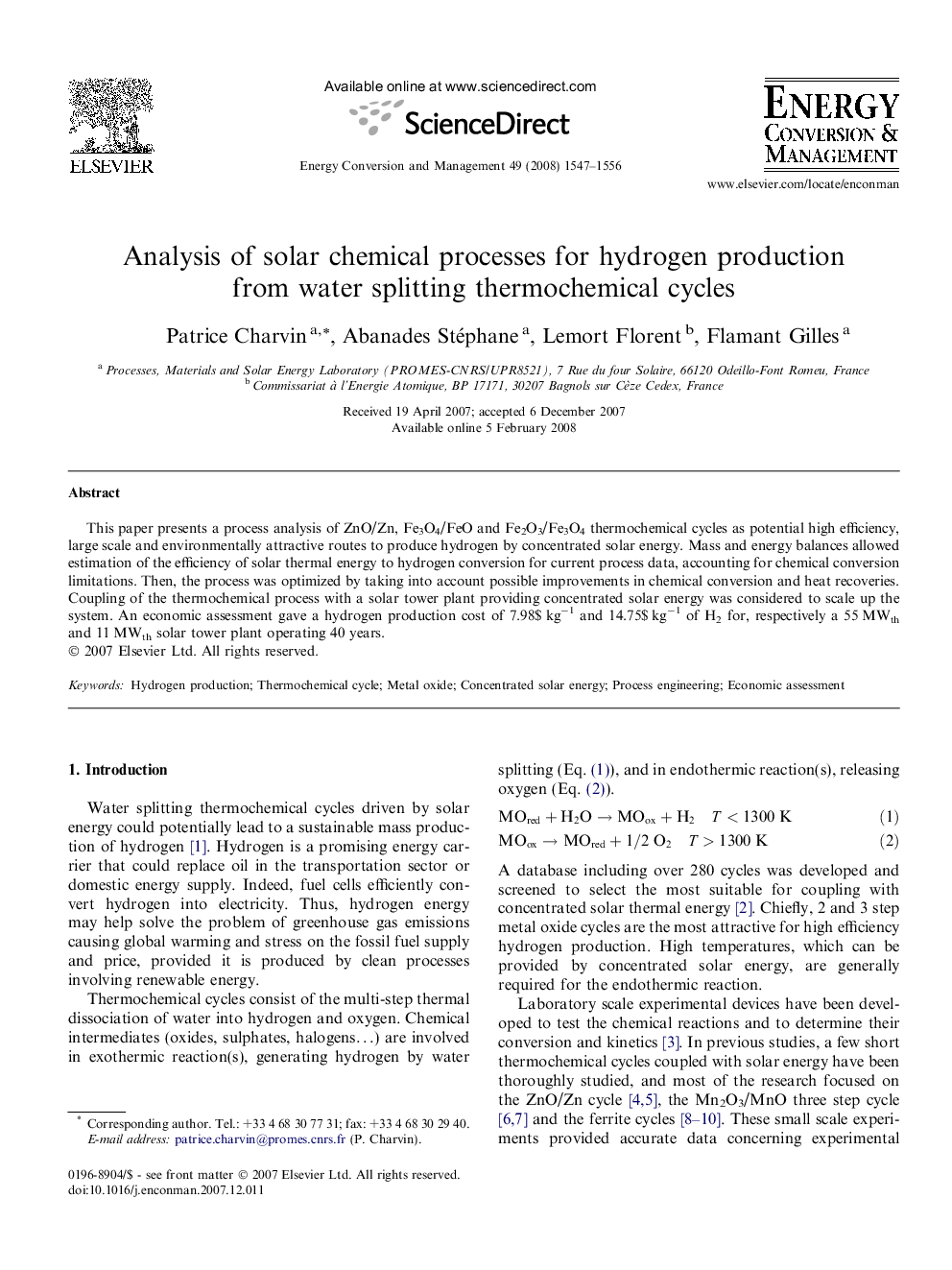 Analysis of solar chemical processes for hydrogen production from water splitting thermochemical cycles