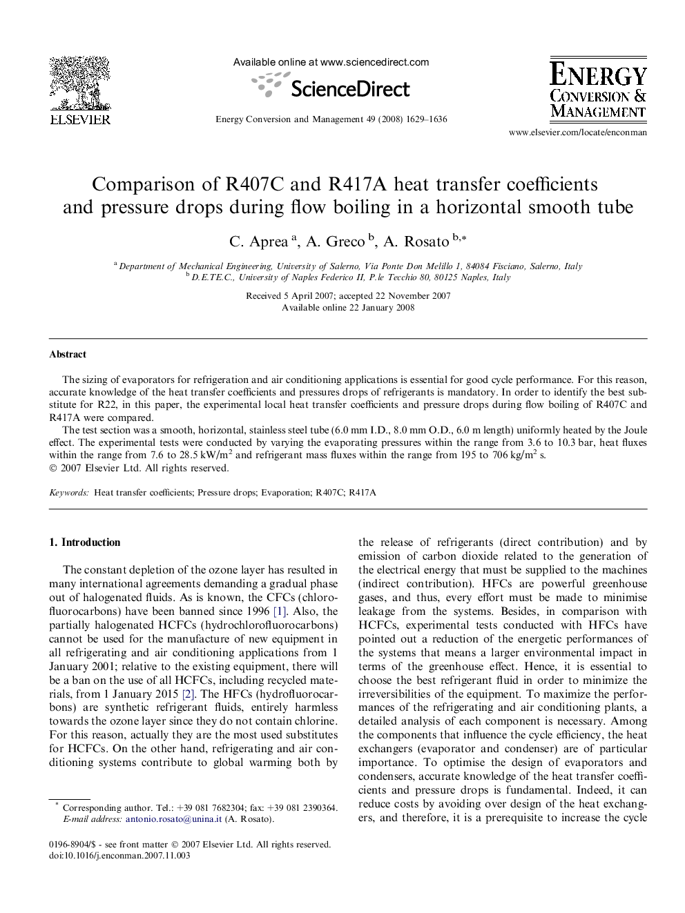 Comparison of R407C and R417A heat transfer coefficients and pressure drops during flow boiling in a horizontal smooth tube