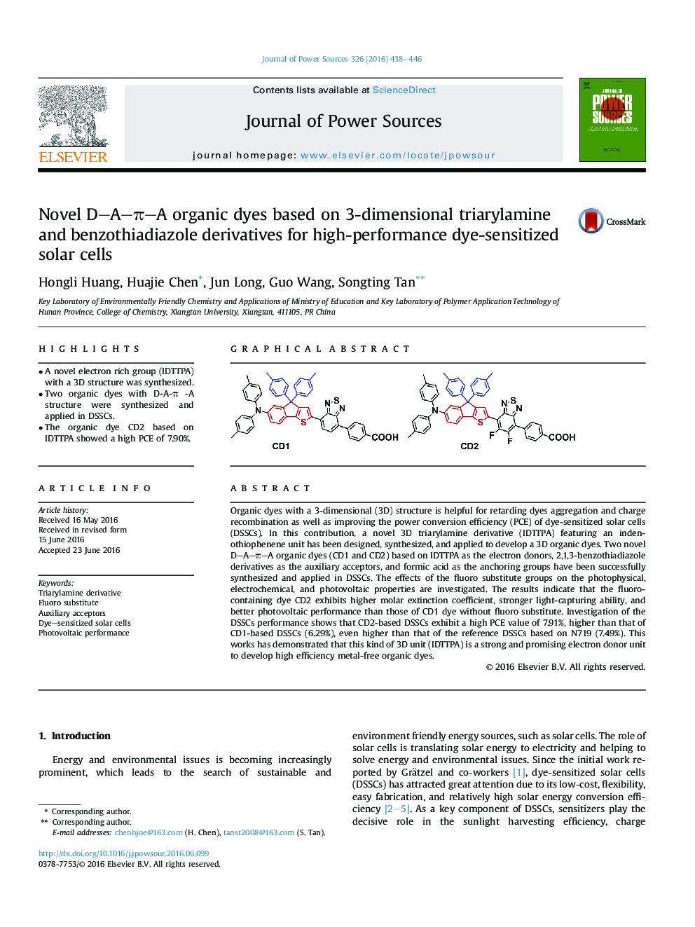 Novel D-A-Ï-A organic dyes based on 3-dimensional triarylamine and benzothiadiazole derivatives for high-performance dye-sensitized solar cells