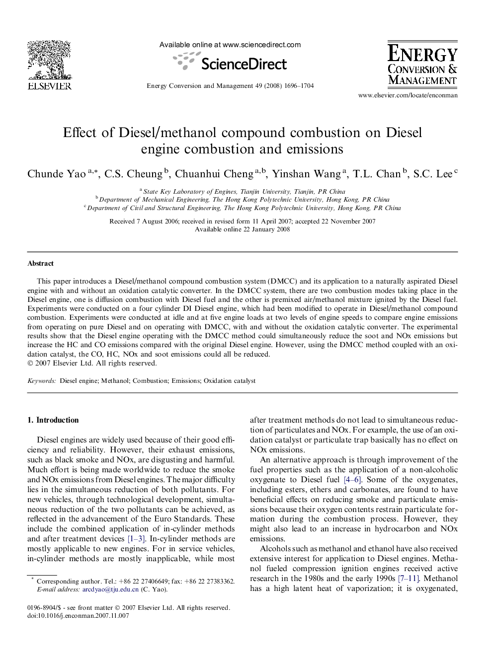 Effect of Diesel/methanol compound combustion on Diesel engine combustion and emissions