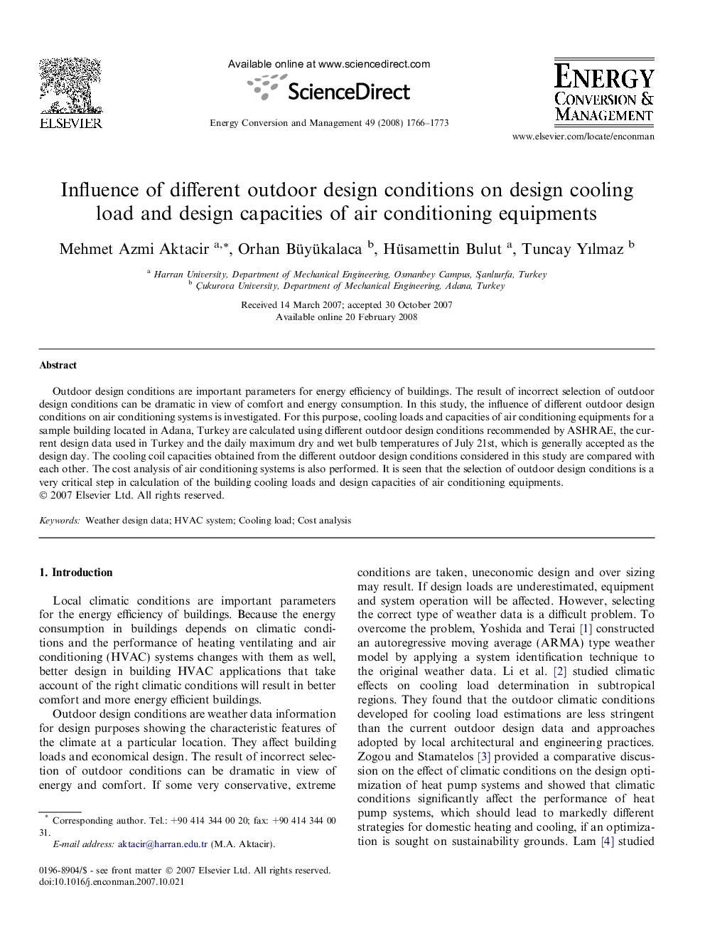 Influence of different outdoor design conditions on design cooling load and design capacities of air conditioning equipments