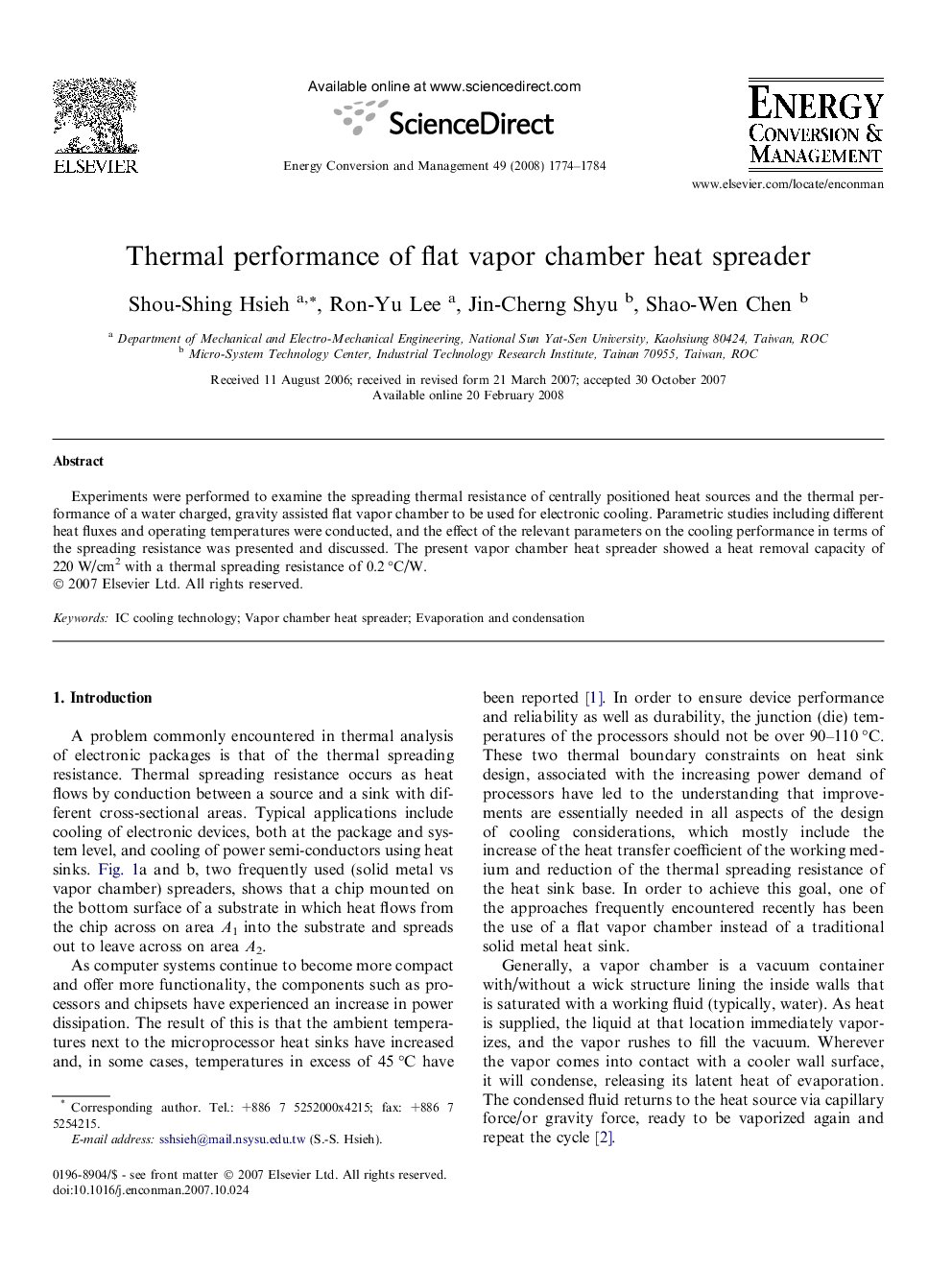 Thermal performance of flat vapor chamber heat spreader