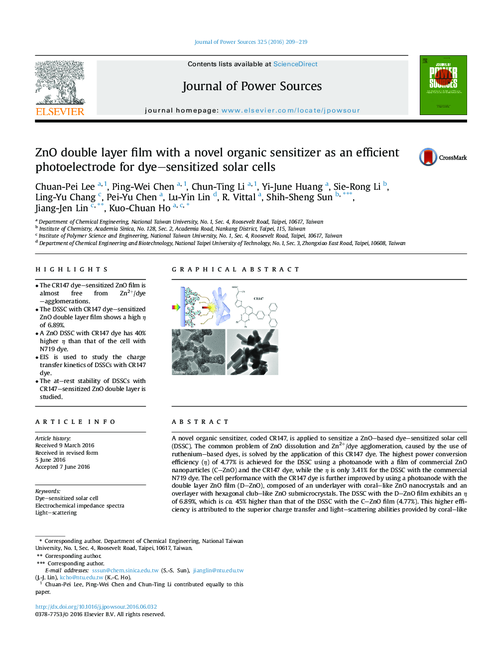 ZnO double layer film with a novel organic sensitizer as an efficient photoelectrode for dye-sensitized solar cells