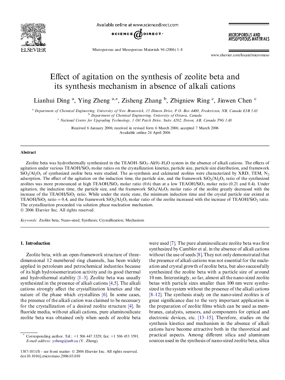 Effect of agitation on the synthesis of zeolite beta and its synthesis mechanism in absence of alkali cations