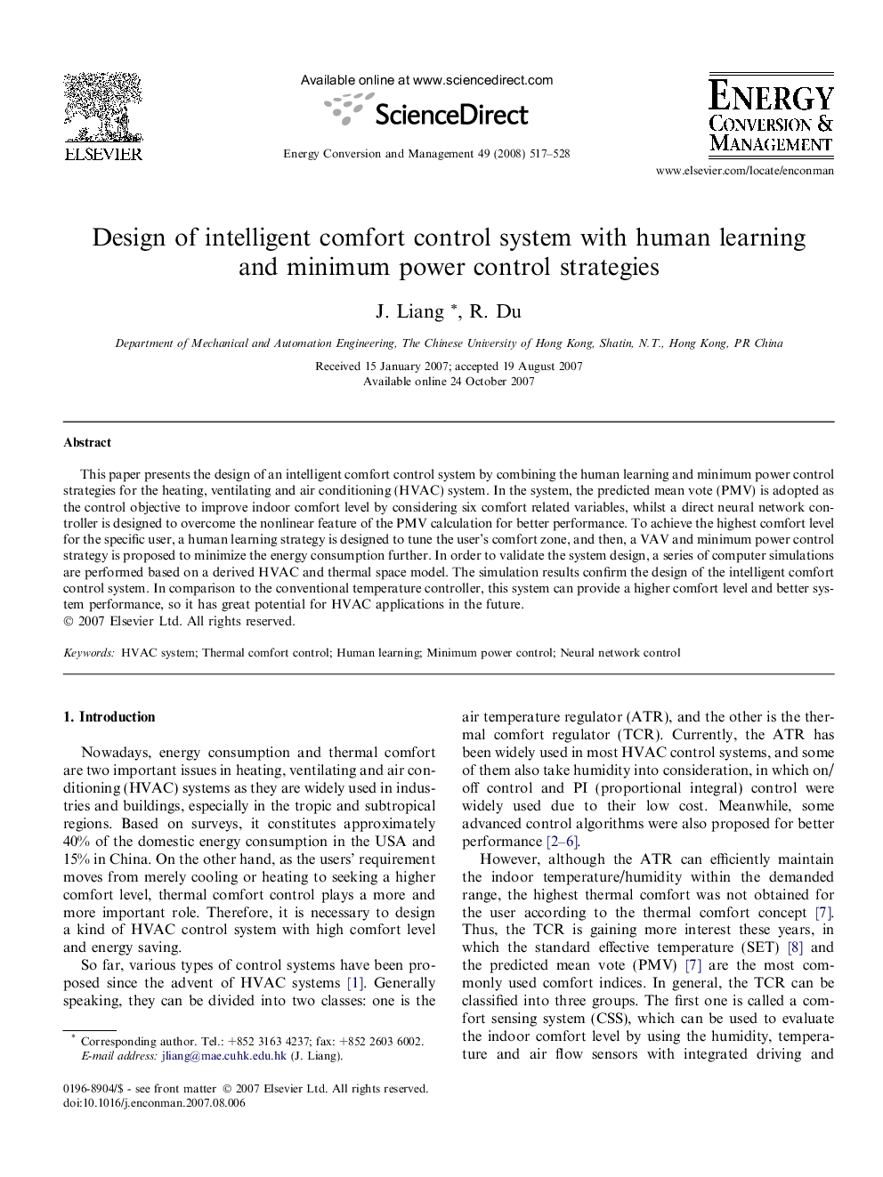 Design of intelligent comfort control system with human learning and minimum power control strategies