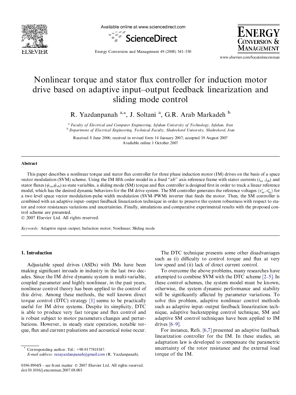 Nonlinear torque and stator flux controller for induction motor drive based on adaptive input–output feedback linearization and sliding mode control