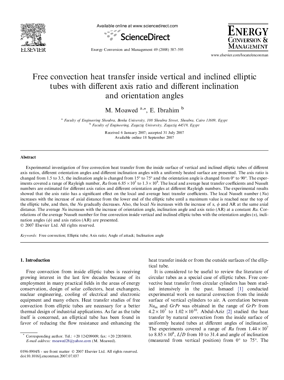 Free convection heat transfer inside vertical and inclined elliptic tubes with different axis ratio and different inclination and orientation angles