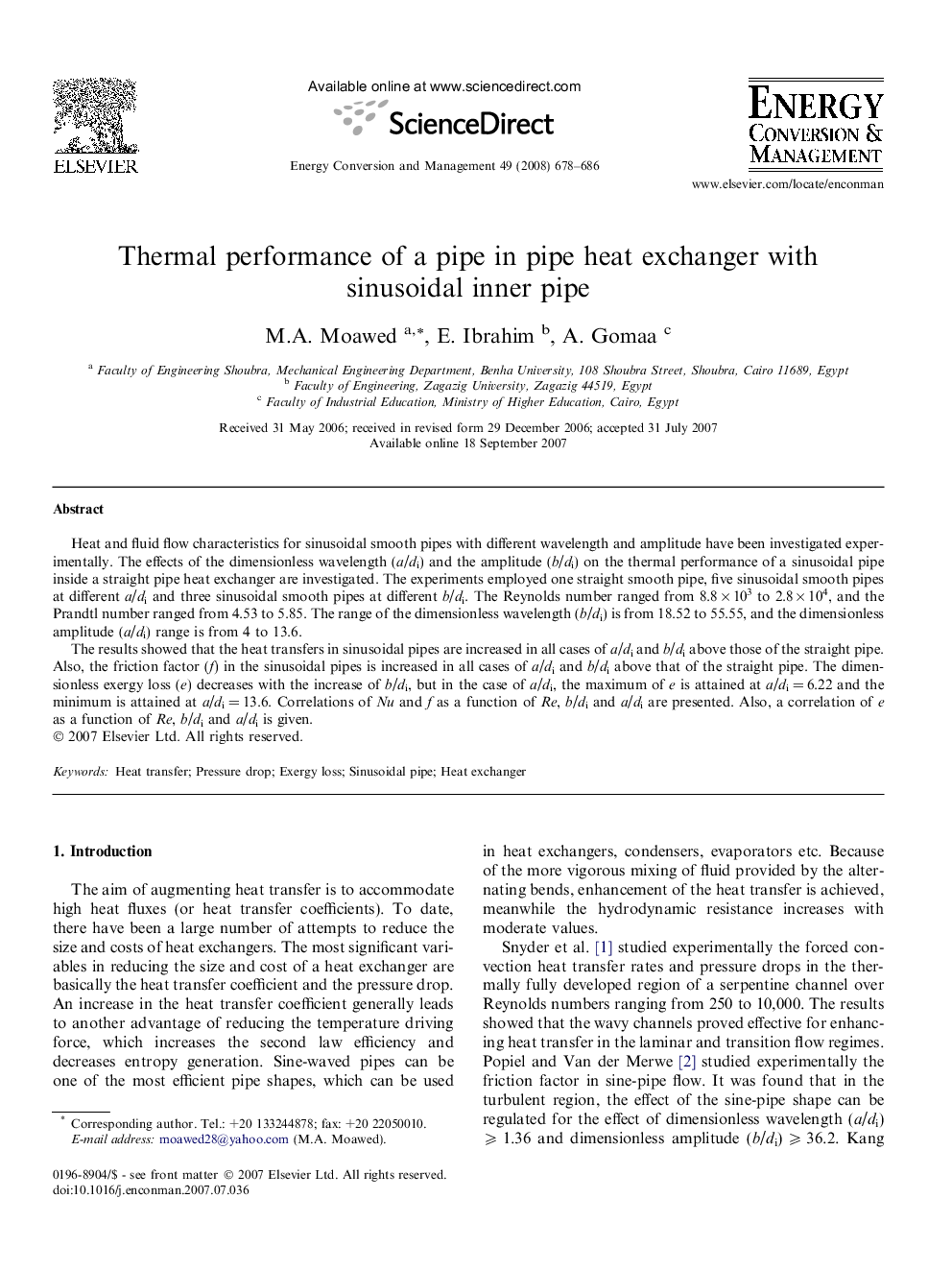 Thermal performance of a pipe in pipe heat exchanger with sinusoidal inner pipe