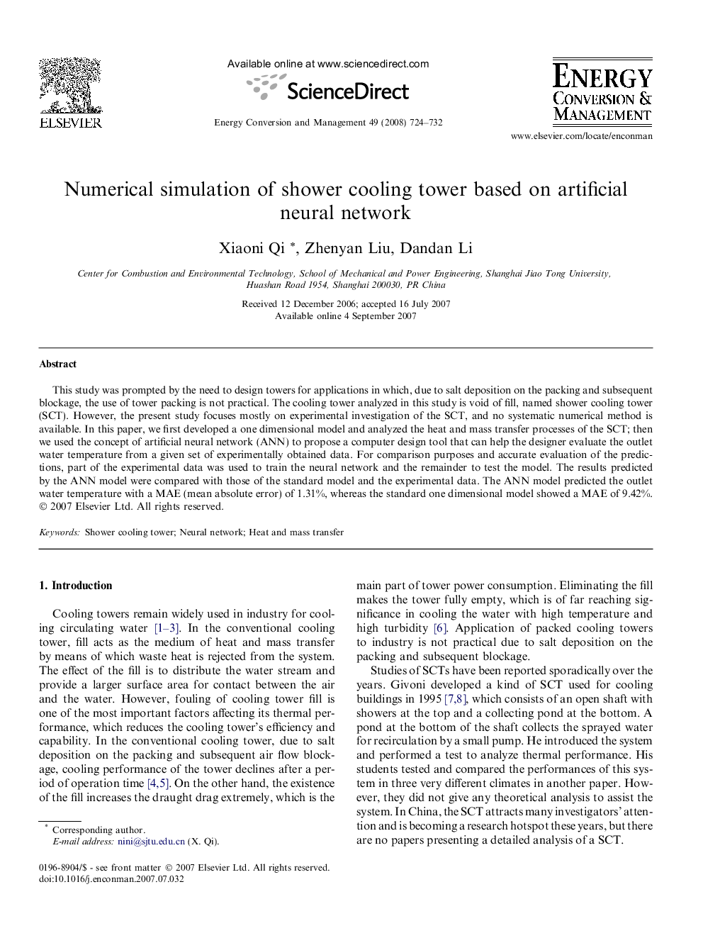 Numerical simulation of shower cooling tower based on artificial neural network