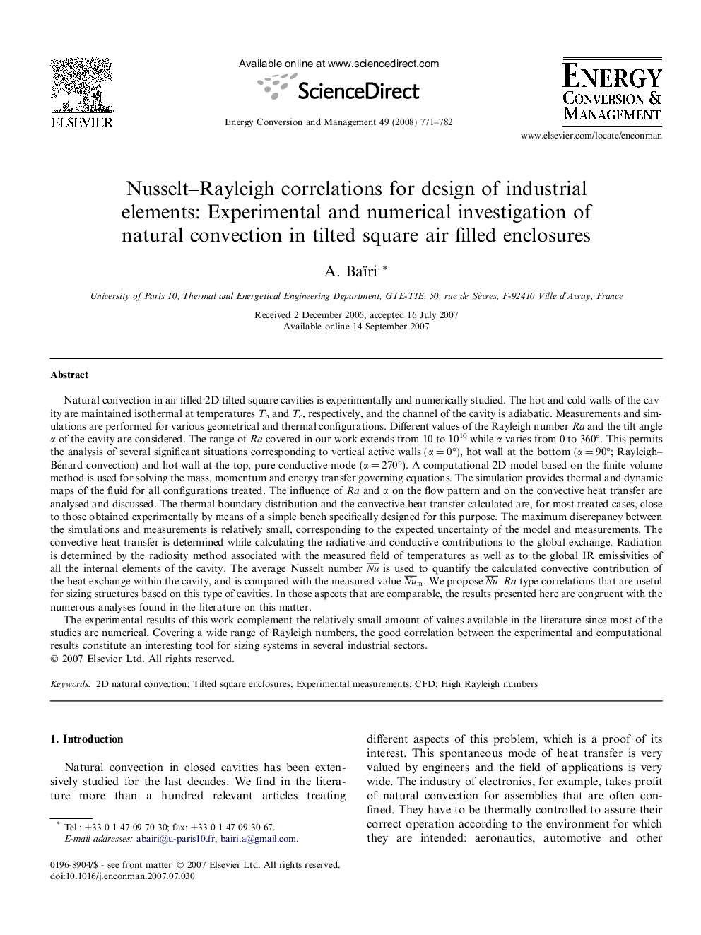 Nusselt–Rayleigh correlations for design of industrial elements: Experimental and numerical investigation of natural convection in tilted square air filled enclosures