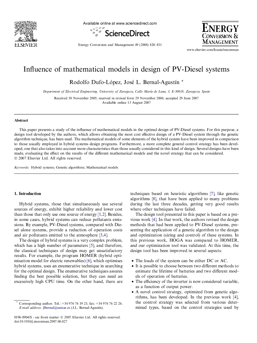 Influence of mathematical models in design of PV-Diesel systems