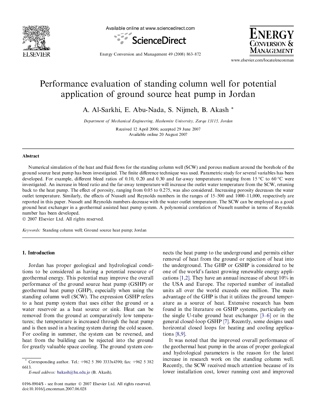 Performance evaluation of standing column well for potential application of ground source heat pump in Jordan