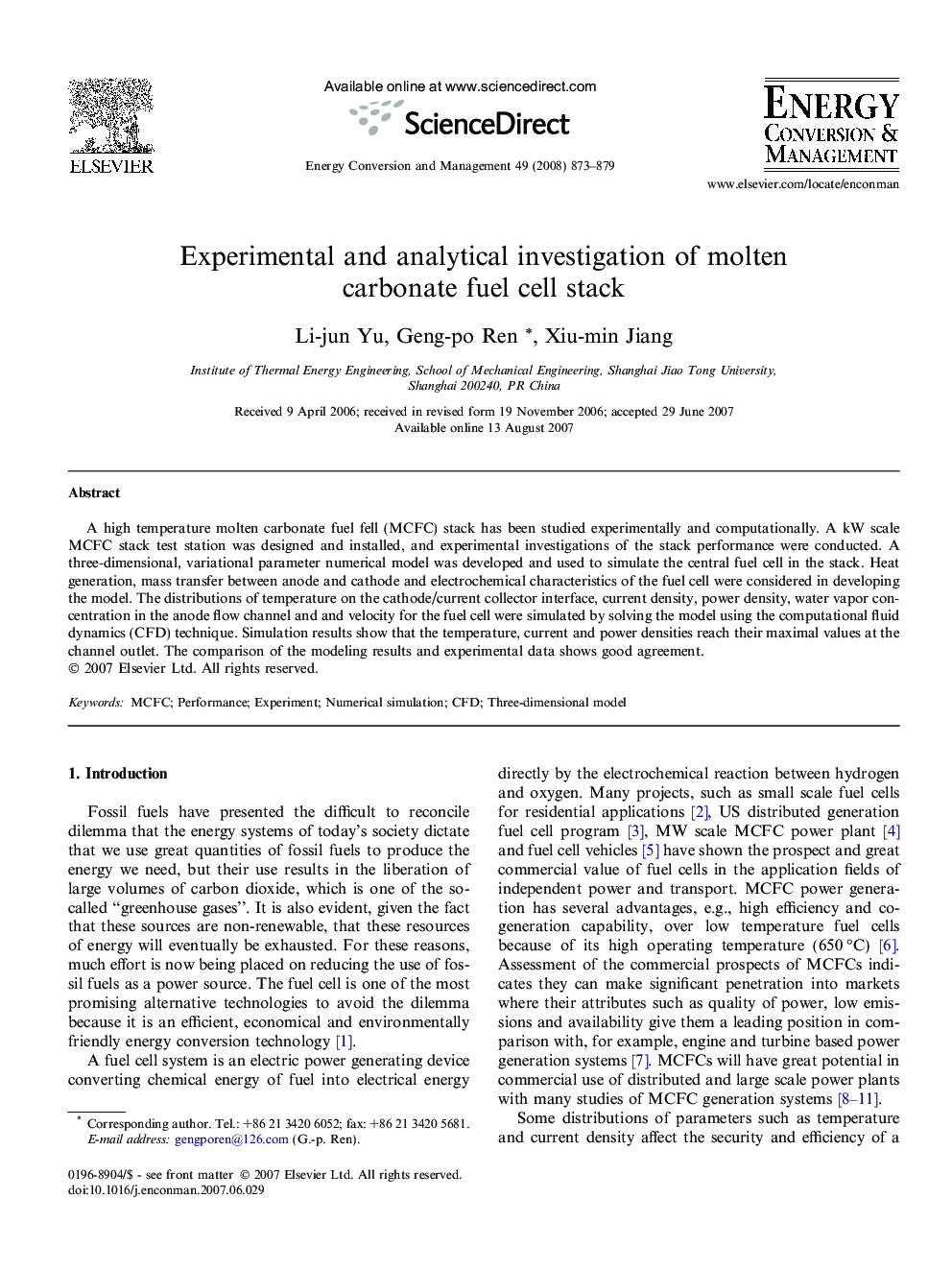 Experimental and analytical investigation of molten carbonate fuel cell stack