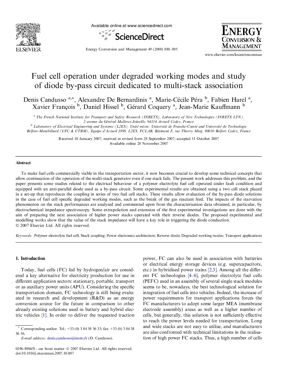 Fuel cell operation under degraded working modes and study of diode by-pass circuit dedicated to multi-stack association