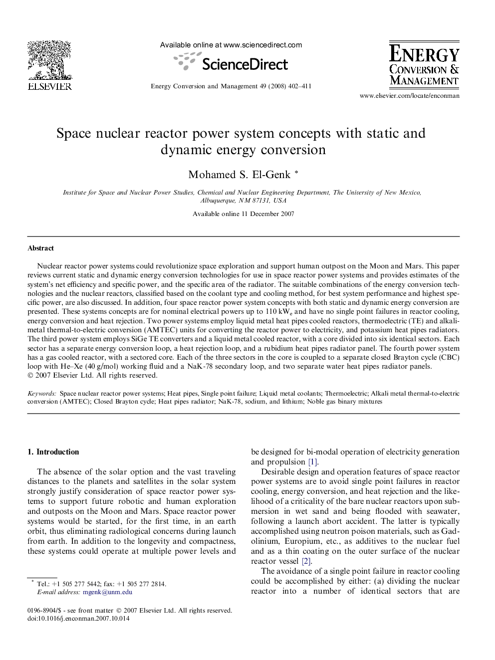 Space nuclear reactor power system concepts with static and dynamic energy conversion