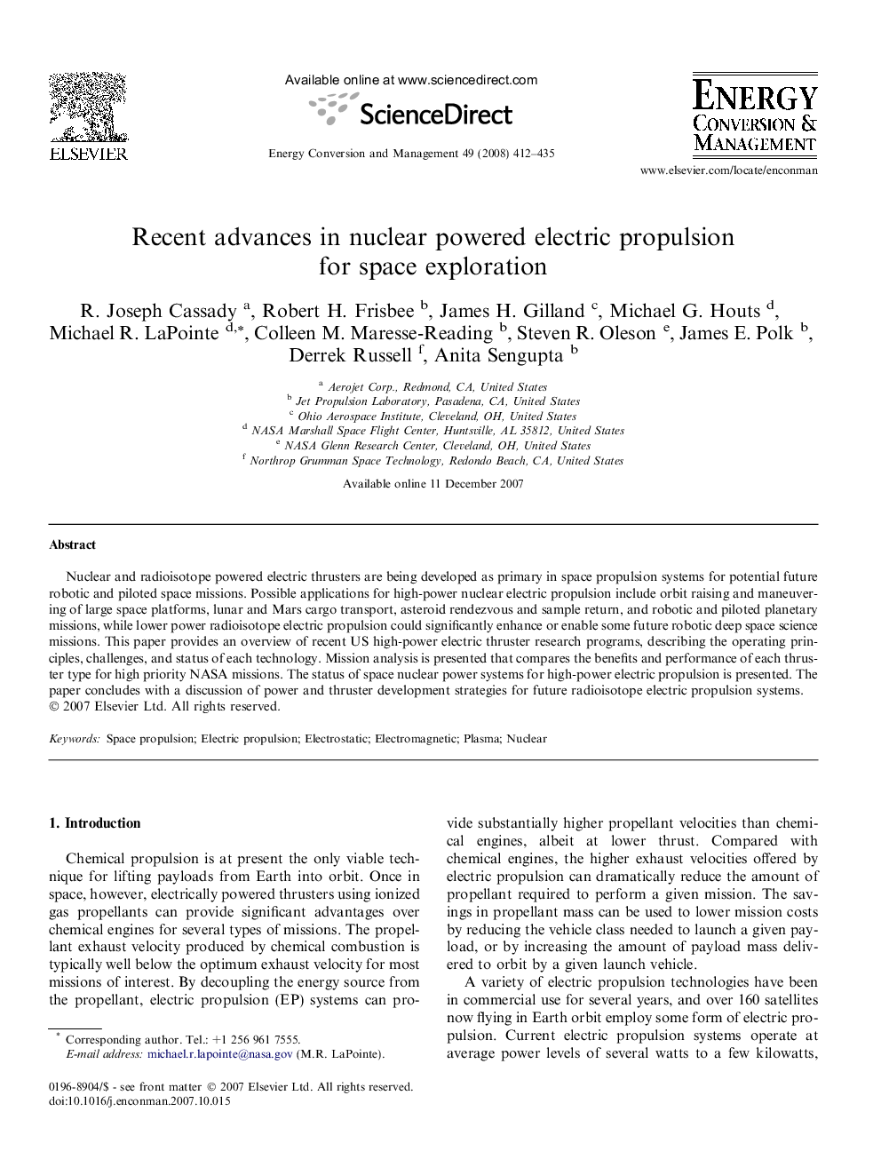 Recent advances in nuclear powered electric propulsion for space exploration