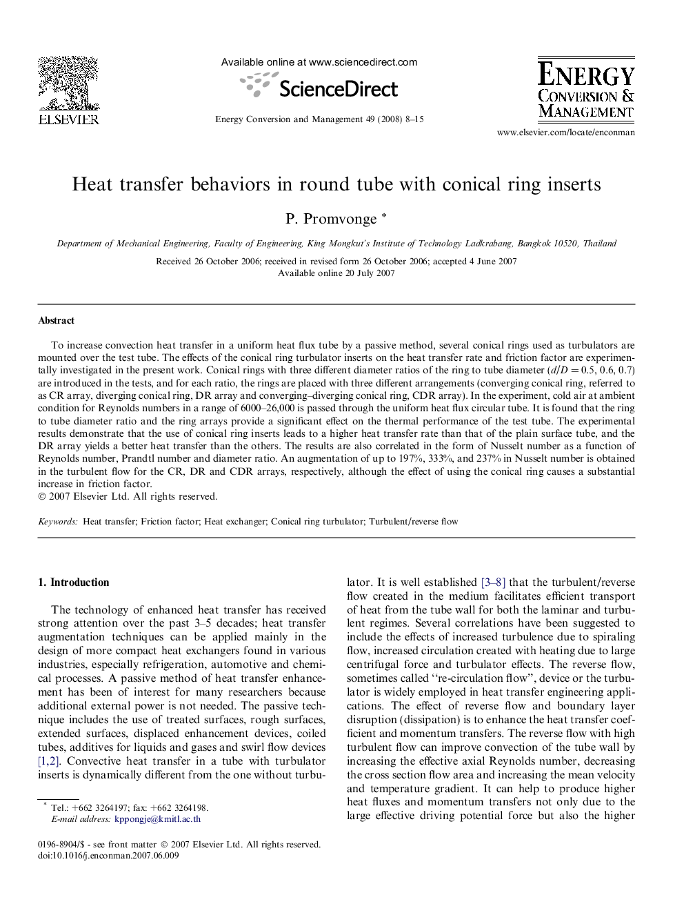 Heat transfer behaviors in round tube with conical ring inserts