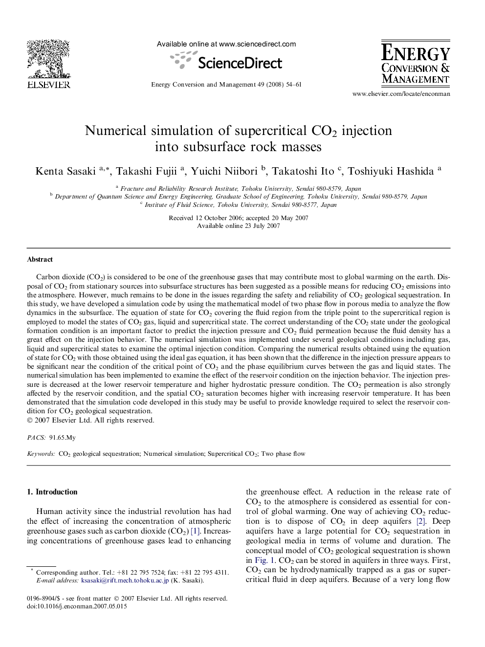 Numerical simulation of supercritical CO2 injection into subsurface rock masses