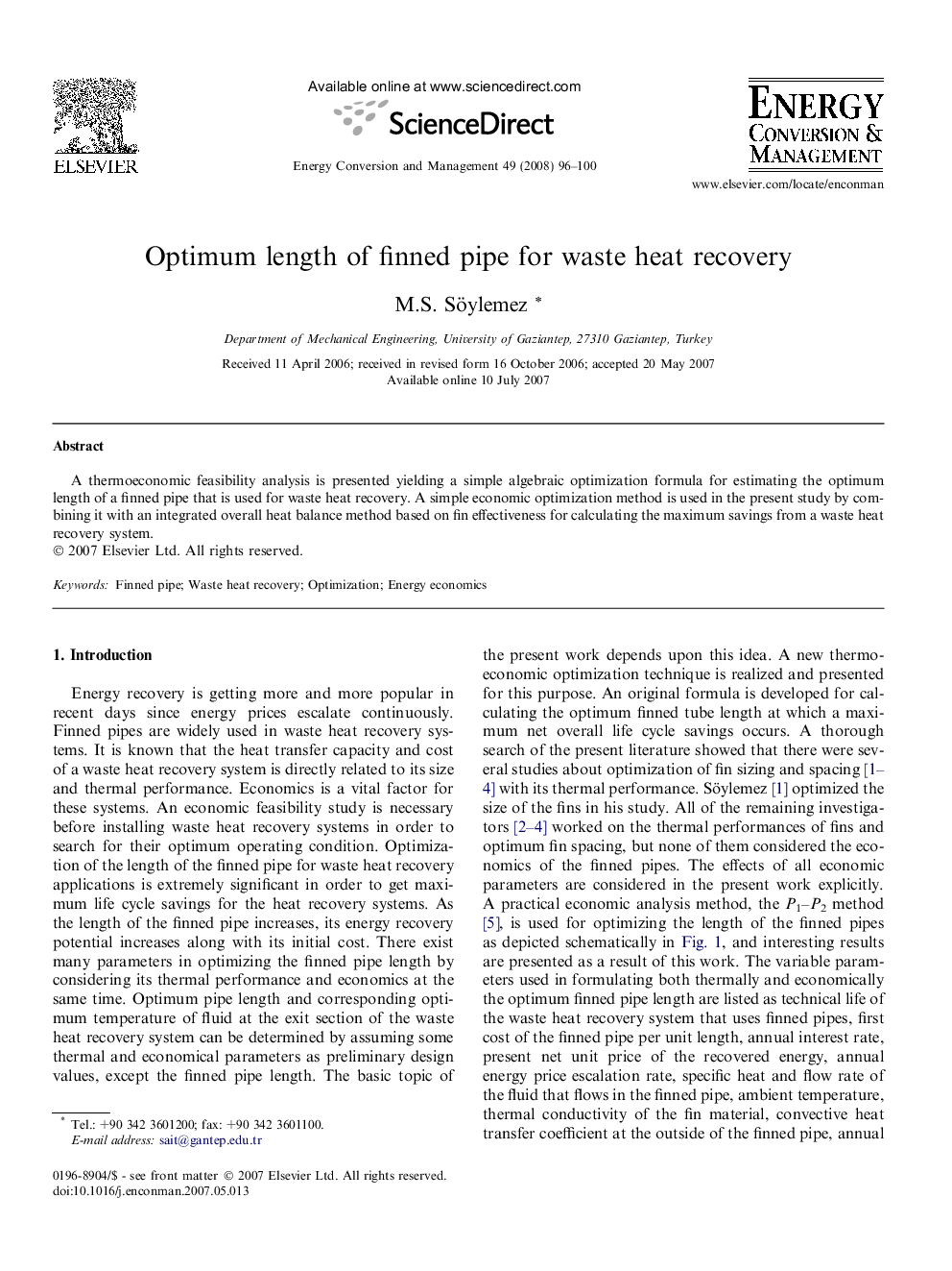 Optimum length of finned pipe for waste heat recovery