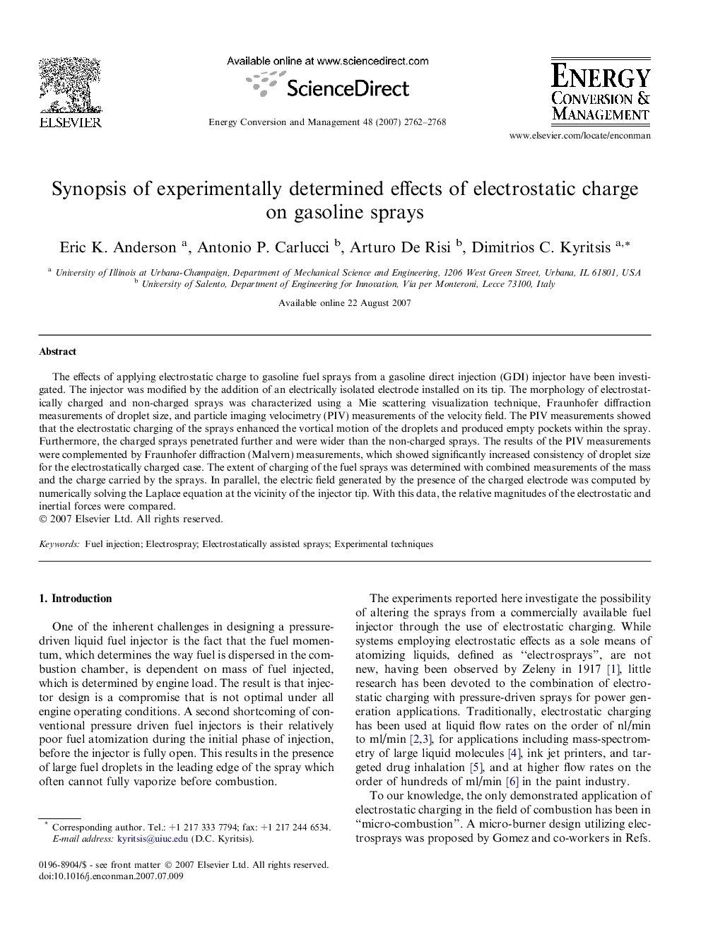 Synopsis of experimentally determined effects of electrostatic charge on gasoline sprays