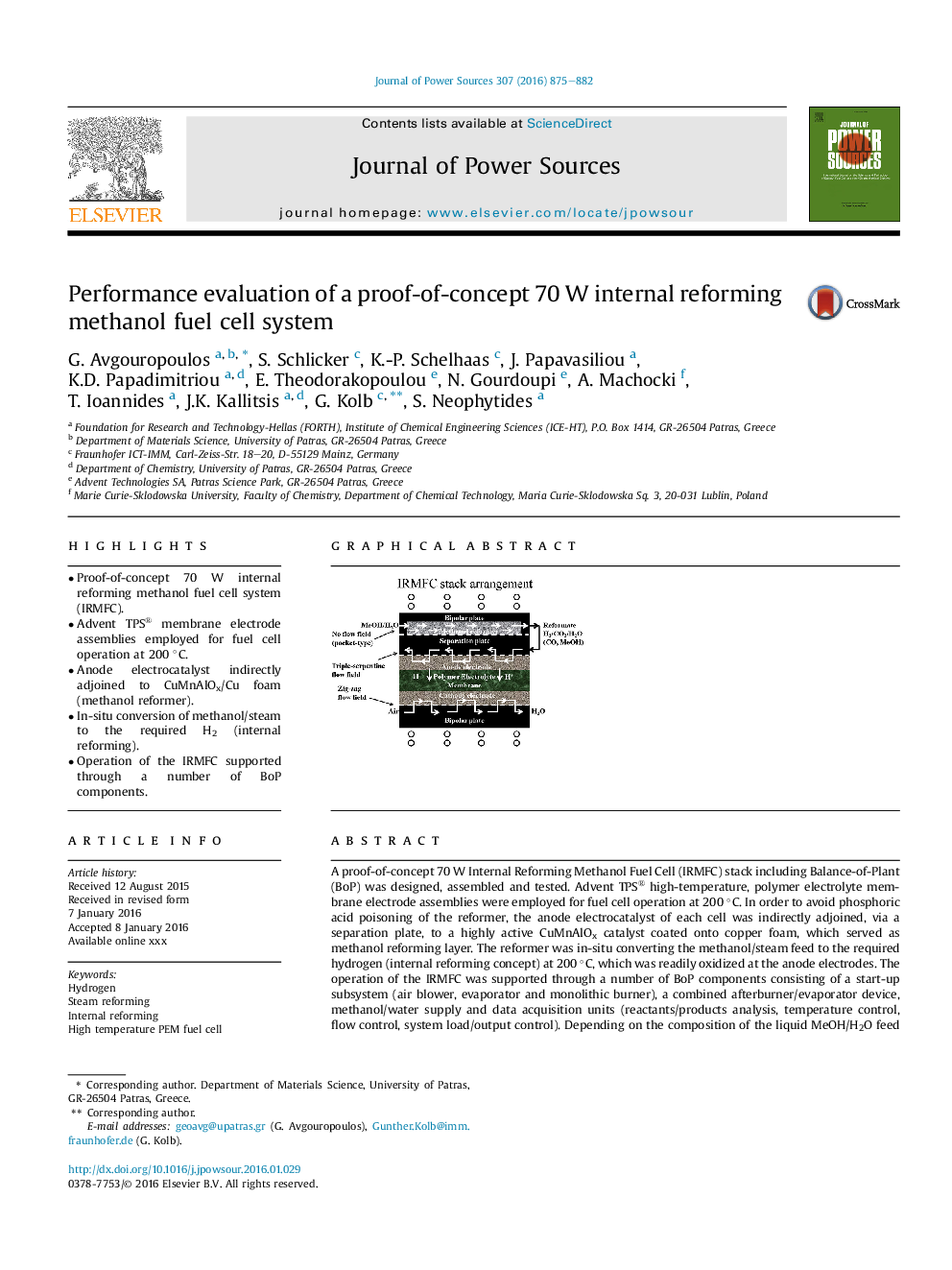 Performance evaluation of a proof-of-concept 70Â W internal reforming methanol fuel cell system