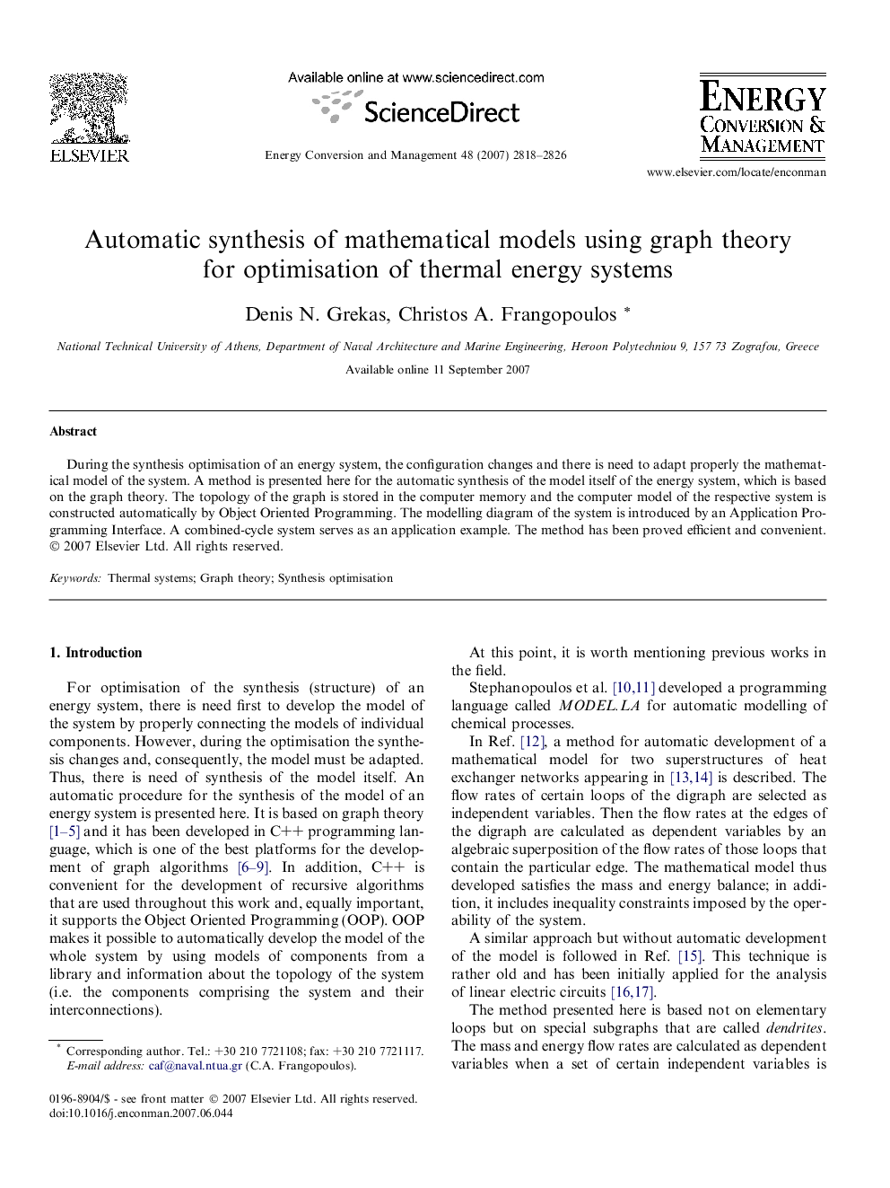 Automatic synthesis of mathematical models using graph theory for optimisation of thermal energy systems