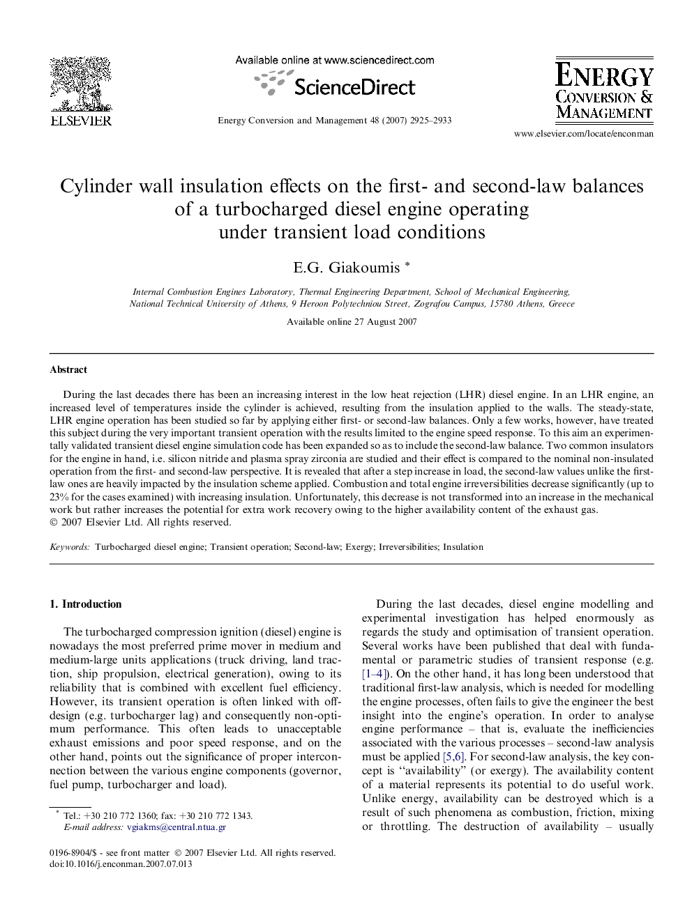 Cylinder wall insulation effects on the first- and second-law balances of a turbocharged diesel engine operating under transient load conditions