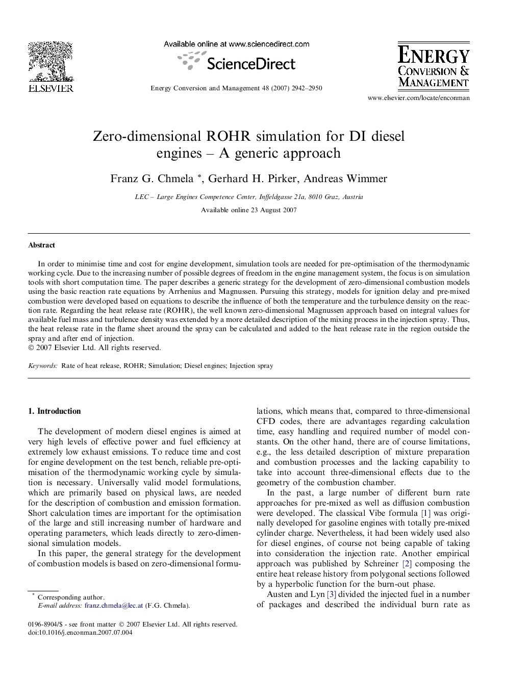 Zero-dimensional ROHR simulation for DI diesel engines – A generic approach