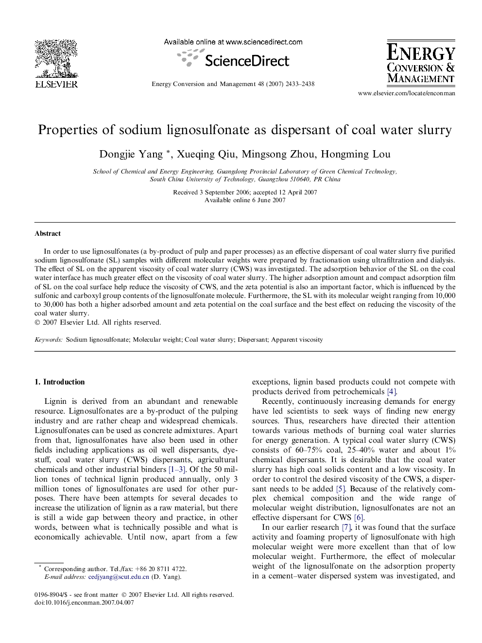 Properties of sodium lignosulfonate as dispersant of coal water slurry