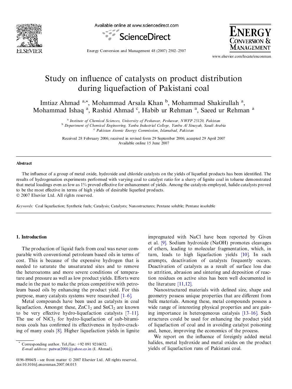 Study on influence of catalysts on product distribution during liquefaction of Pakistani coal