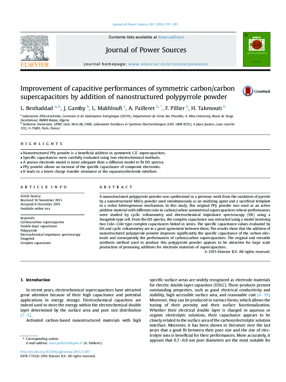 Improvement of capacitive performances of symmetric carbon/carbon supercapacitors by addition of nanostructured polypyrrole powder