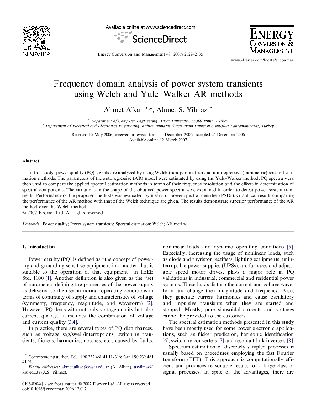 Frequency domain analysis of power system transients using Welch and Yule–Walker AR methods