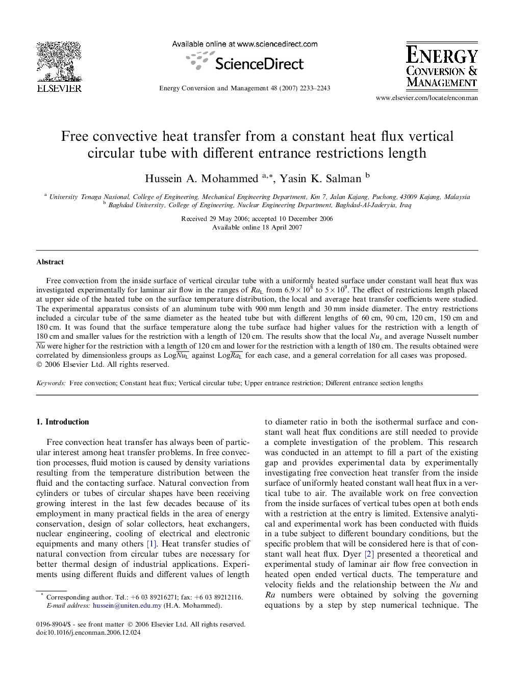 Free convective heat transfer from a constant heat flux vertical circular tube with different entrance restrictions length