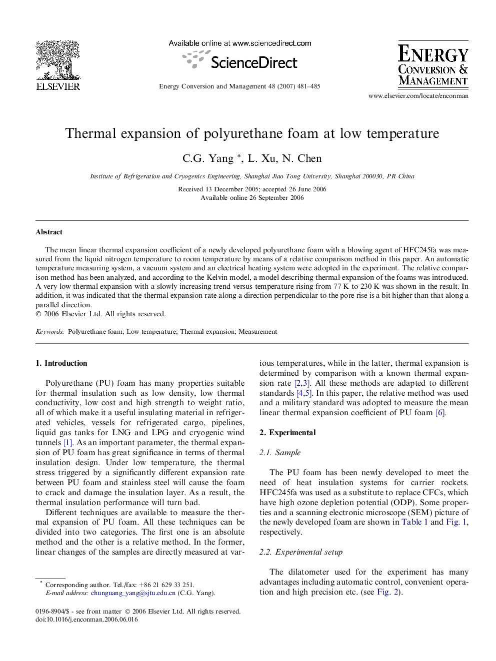 Thermal expansion of polyurethane foam at low temperature