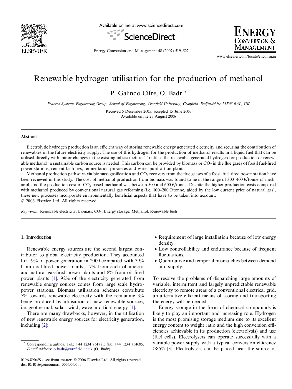 Renewable hydrogen utilisation for the production of methanol