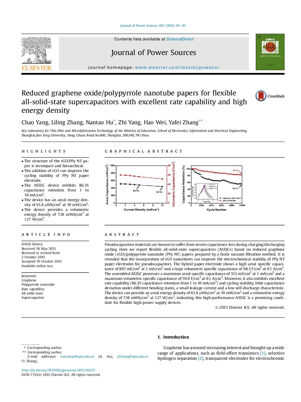 Reduced graphene oxide/polypyrrole nanotube papers for flexible all-solid-state supercapacitors with excellent rate capability and high energy density