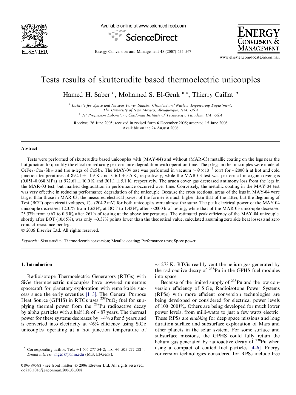 Tests results of skutterudite based thermoelectric unicouples