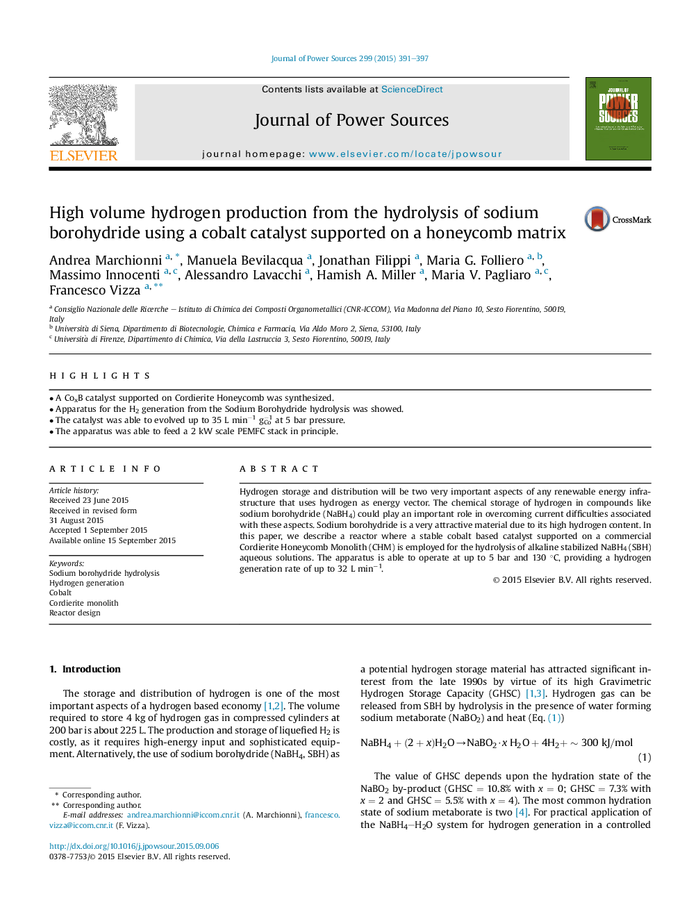 High volume hydrogen production from the hydrolysis of sodium borohydride using a cobalt catalyst supported on a honeycomb matrix