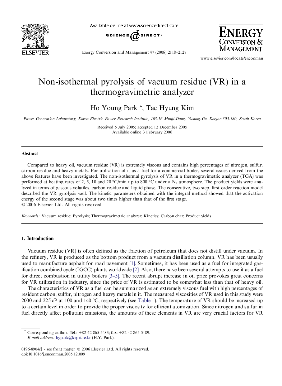 Non-isothermal pyrolysis of vacuum residue (VR) in a thermogravimetric analyzer