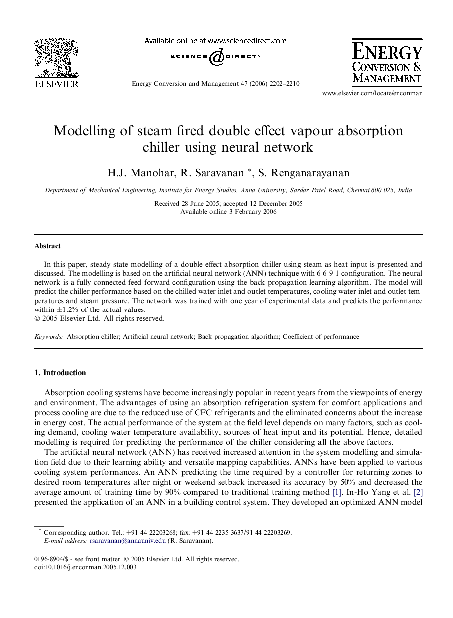 Modelling of steam fired double effect vapour absorption chiller using neural network