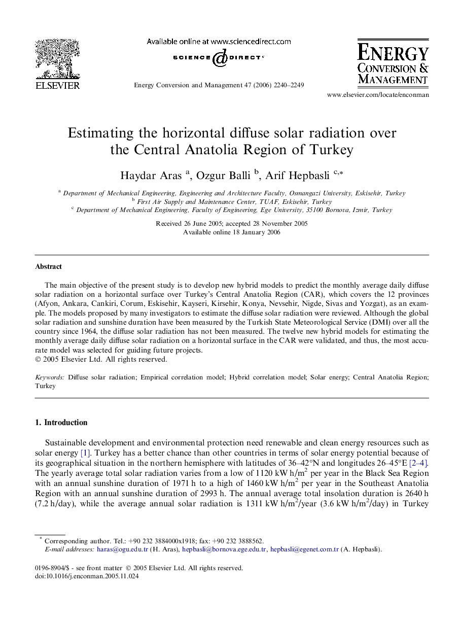 Estimating the horizontal diffuse solar radiation over the Central Anatolia Region of Turkey