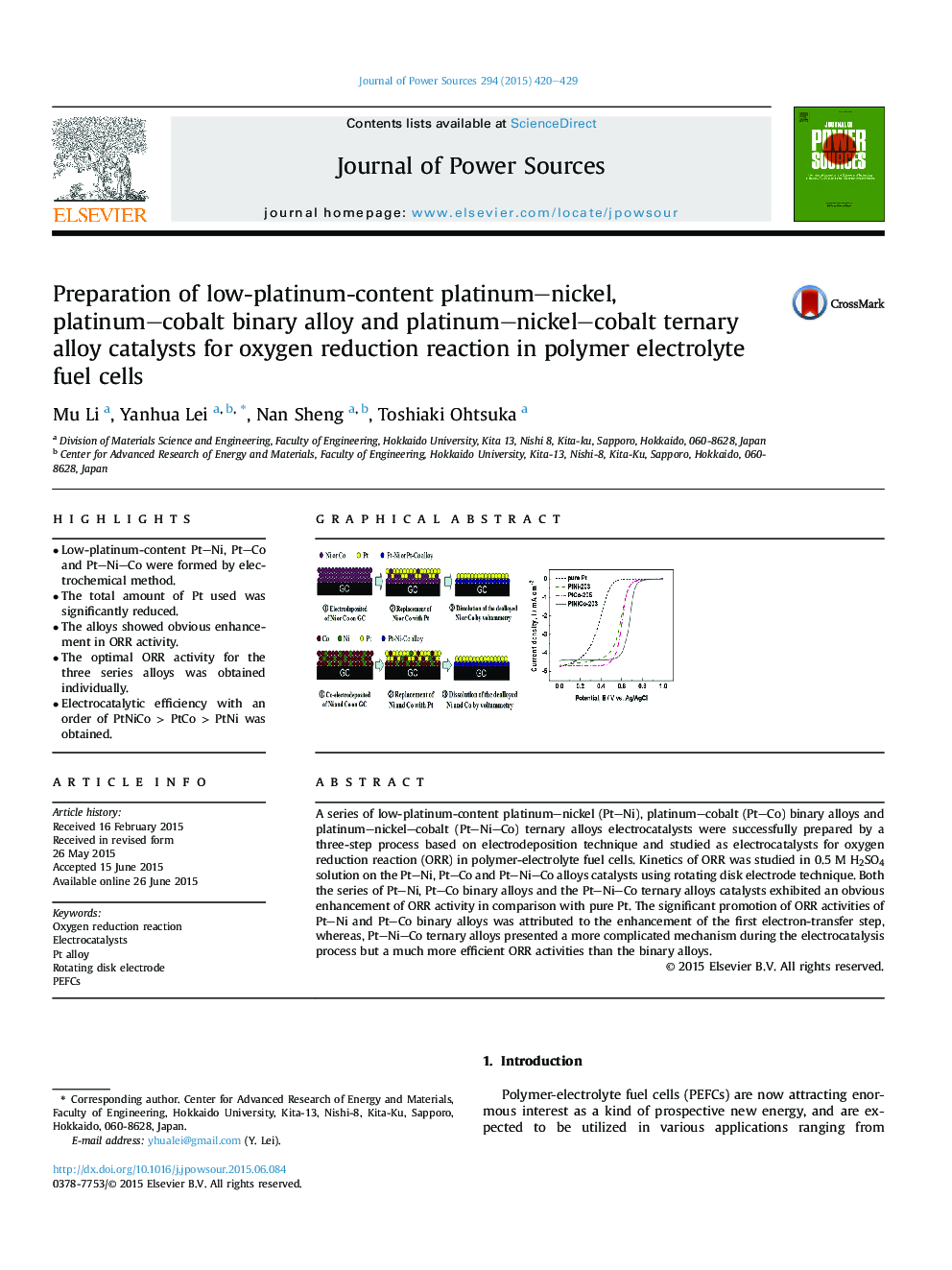 Preparation of low-platinum-content platinum-nickel, platinum-cobalt binary alloy and platinum-nickel-cobalt ternary alloy catalysts for oxygen reduction reaction in polymer electrolyte fuel cells