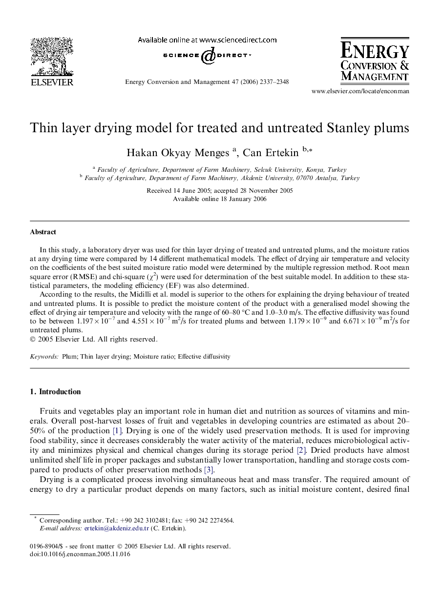 Thin layer drying model for treated and untreated Stanley plums