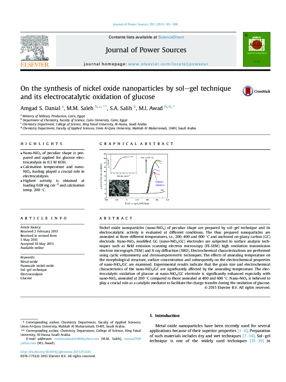 On the synthesis of nickel oxide nanoparticles by sol-gel technique and its electrocatalytic oxidation of glucose